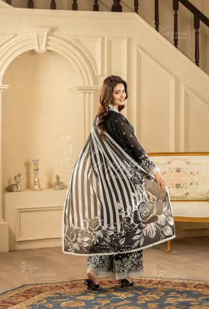 Pakistani women's black silk short shirt farshi shalwar detail view