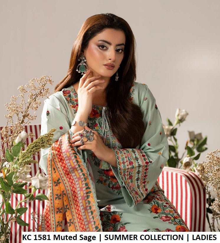 KC AYRA 1581 MUTED SAGE - Muted Sage Embroidered 3-Piece Women's Ready to Wear Suit