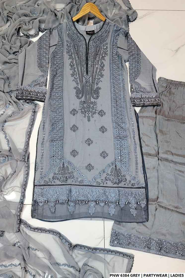Pakistani women's grey chiffon straight shirt plazo full view