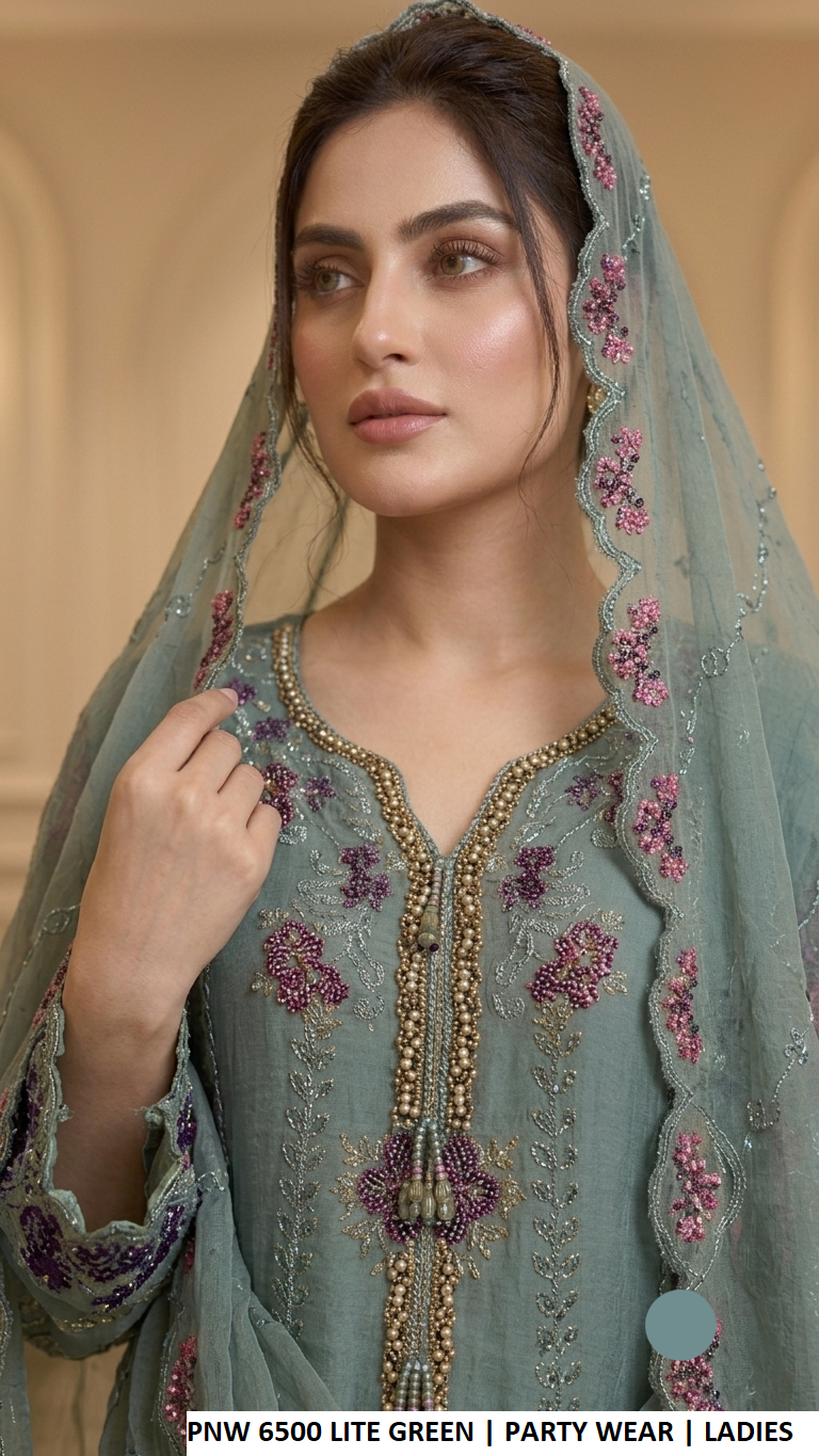PNW 6500 LITE GREEN - Lite Green Chiffon Straight 3-Piece Women's Pakistani Plazo Suit