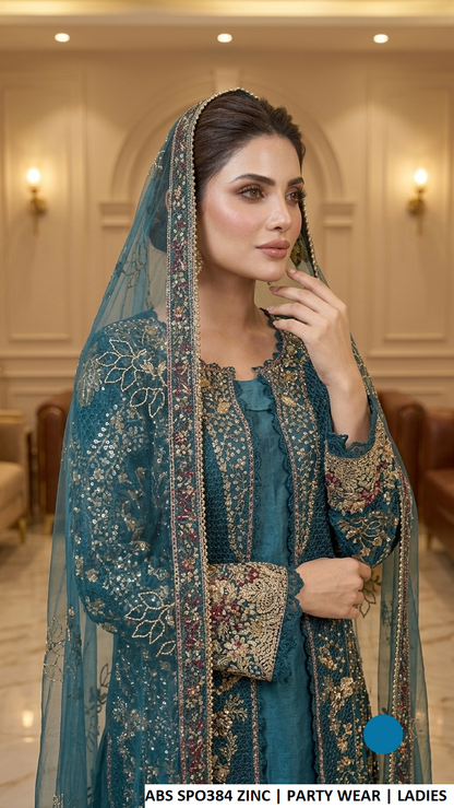 ABS SPO384 ZINC - Zinc Organza Open Shirt with Viscose Plazo for Pakistani Women