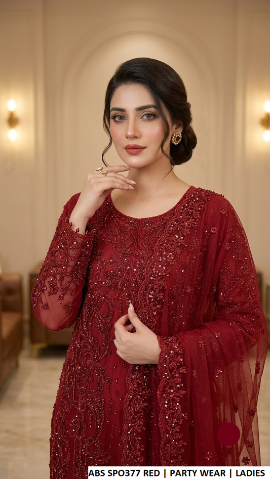 ABS SPO377 RED - Red Net Straight 3-Piece Women's Pakistani Suit