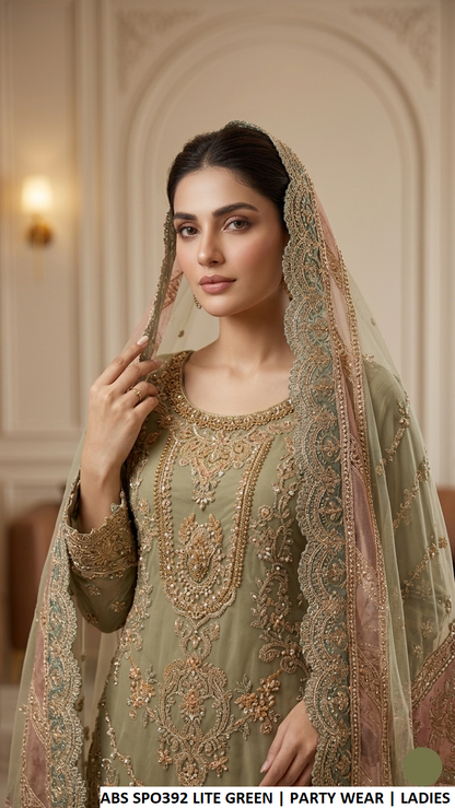 Light green embroidered sharara suit with dupatta, Pakistani women's party wear