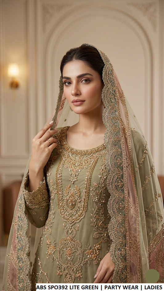 Light green embroidered sharara suit with dupatta, Pakistani women's party wear
