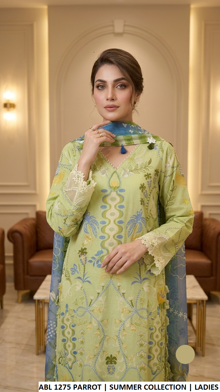 ABL 1275 PARROT - Parrot Green Poly Lawn Straight 3-Piece Women's Pakistani Suit