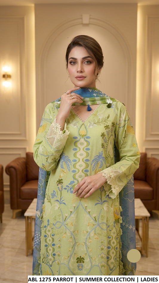 ABL 1275 PARROT - Parrot Green Poly Lawn Straight 3-Piece Women's Pakistani Suit