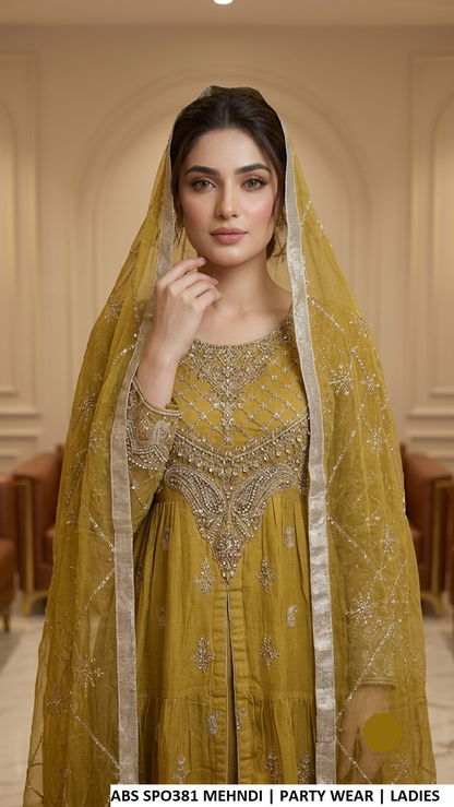 ABS SPO381 MEHNDI - Mehndi Chiffon Open Frock 3-Piece Women's Pakistani Suit