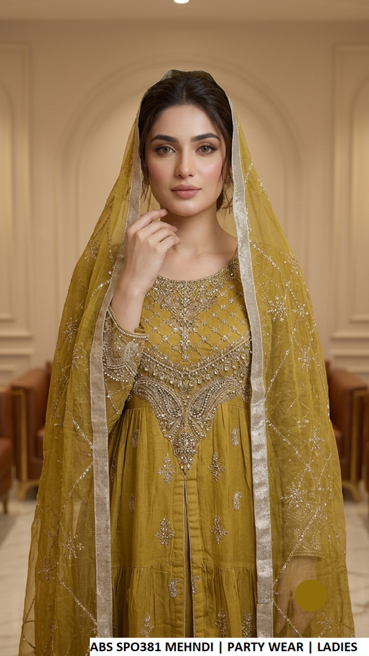 ABS SPO381 MEHNDI - Mehndi Chiffon Open Frock 3-Piece Women's Pakistani Suit