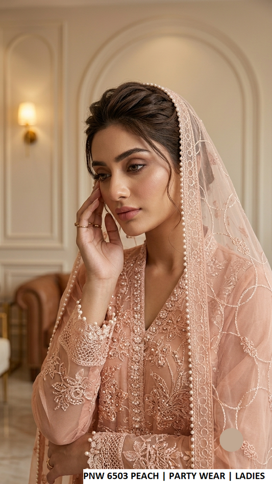 PNW 6503 PEACH - Peach Chiffon Straight 3-Piece Women's Pakistani Plazo Suit