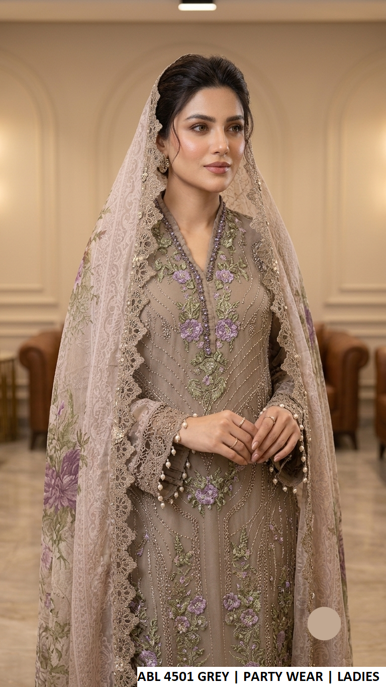 ABL 4501 GREY - Grey Chiffon Straight 3-Piece Women's Pakistani Suit