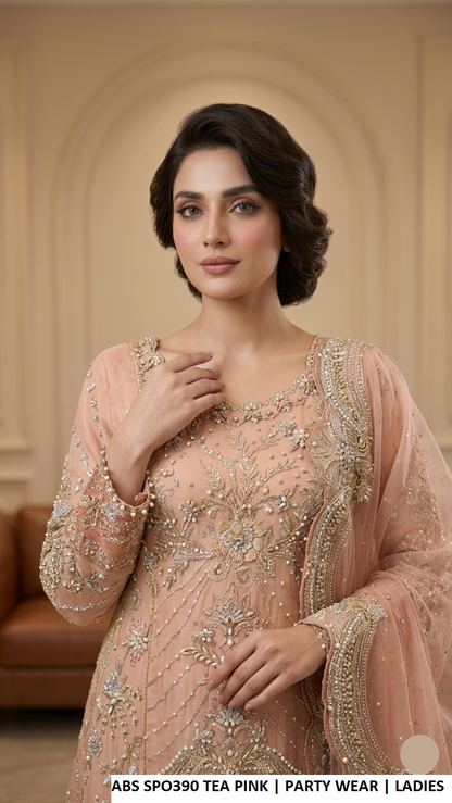 Tea pink embroidered sharara suit with dupatta, Pakistani women's party wear