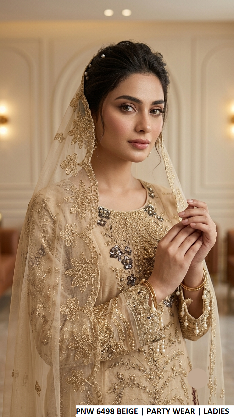 PNW 6498 BEIGE - Beige Chiffon 3-Piece Women's Pakistani Plazo Suit