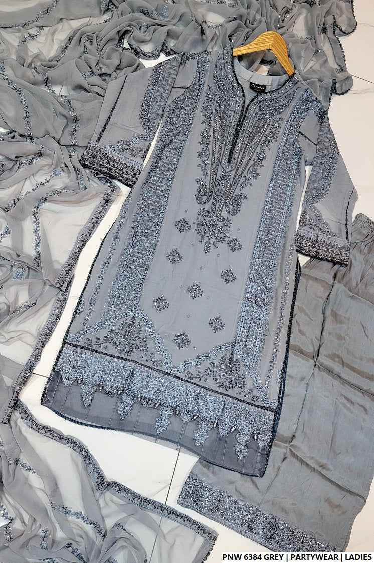 Pakistani women's grey chiffon straight shirt plazo back view