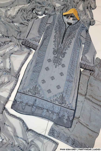 Pakistani women's grey chiffon straight shirt plazo back view