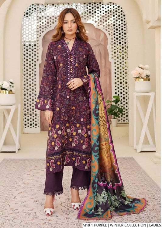 Lawn A-Line shirt dark purple - Pakistani women's casual summer outfit with cotton trouser and lawn dupatta front view