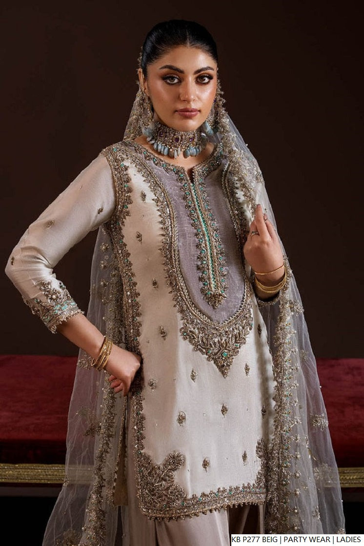 Pakistani women's beige hand embroidered luxury short suit detail view