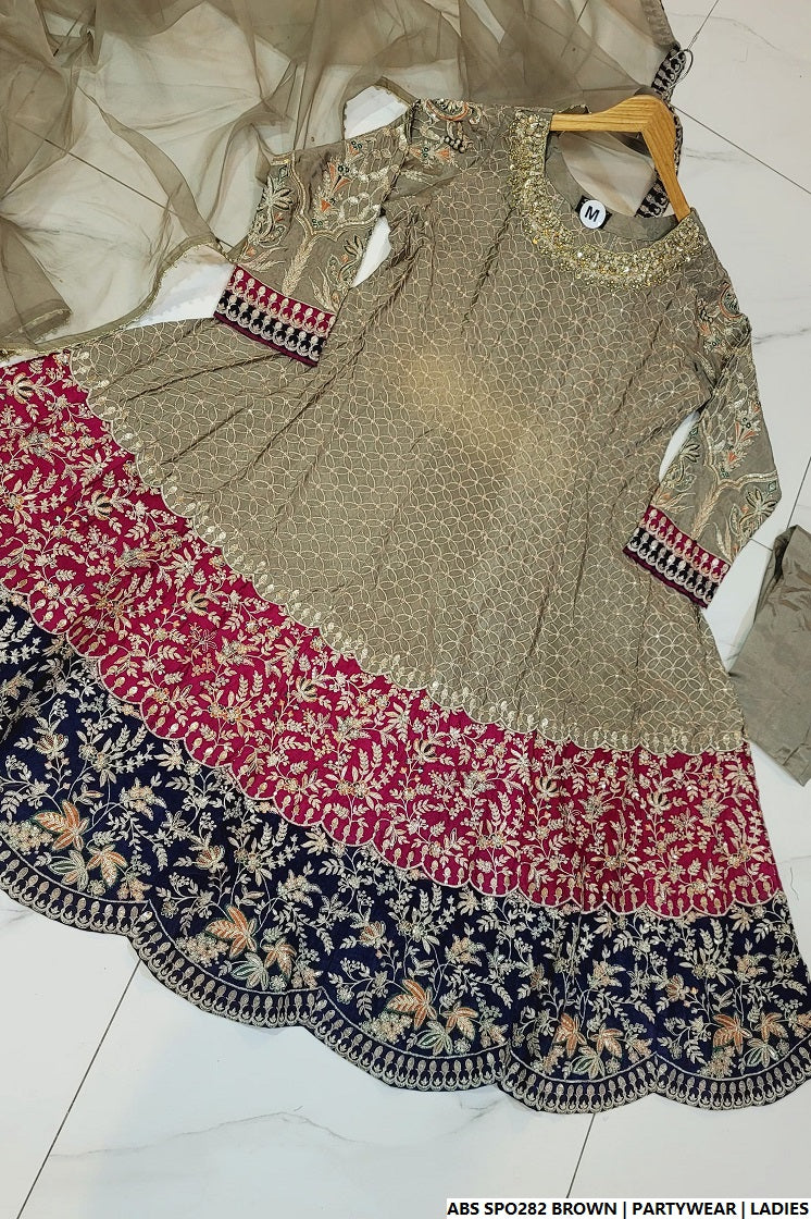 Brown chiffon Pakistani women's straight shirt with plazo side view