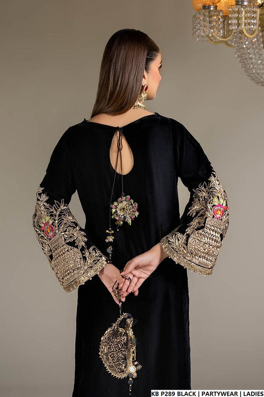 Black velvet hand embroidered Pakistani women's luxury suit side view