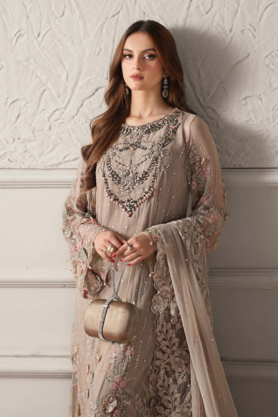 Organza A-Line shirt skin - Pakistani women's elegant formal wear with viscose trouser and organza dupatta front view