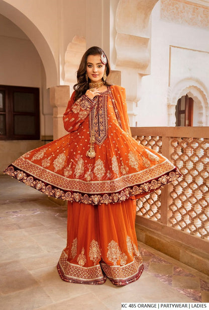 Pakistani women's orange silk long kaftan plazo detail view