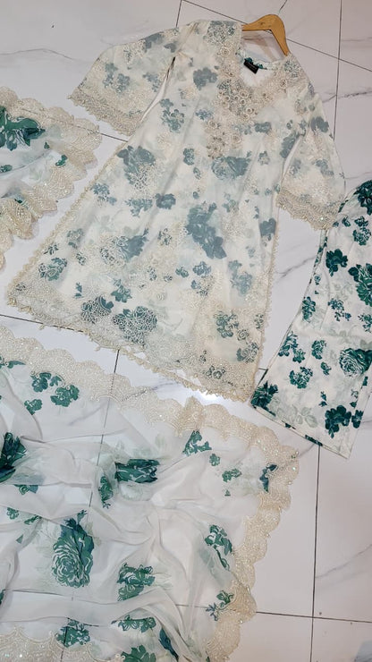 Pakistani women's green white organza A-Line shirt full view