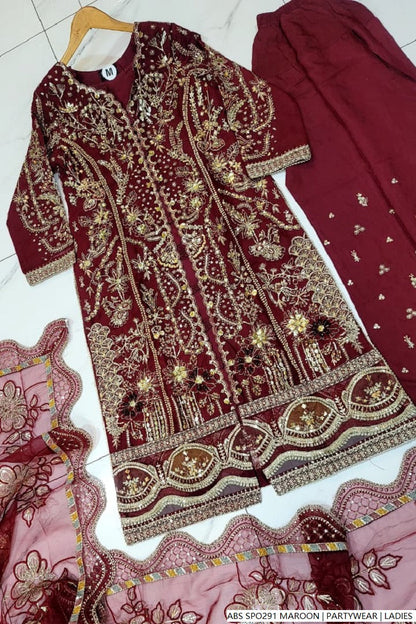 Pakistani women's maroon chiffon straight shirt plazo detail view