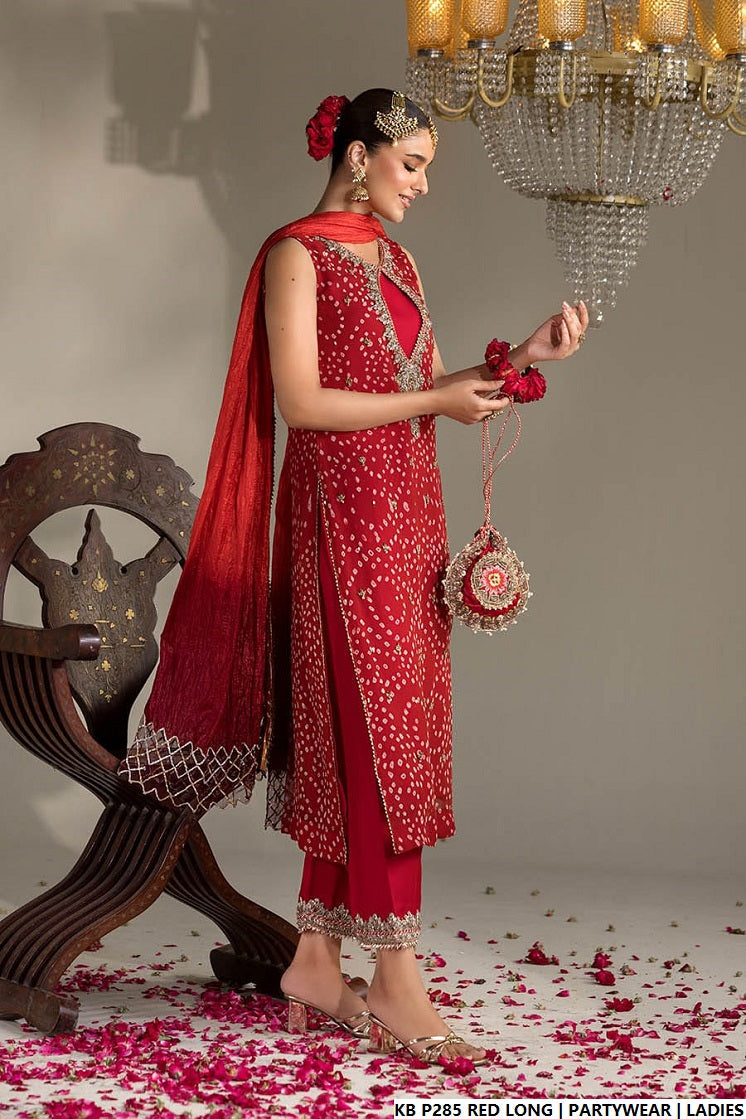 Red hand embroidered Pakistani women's luxury long suit side view