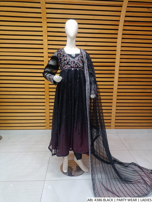 Chiffon straight shirt black - Pakistani women's casual party wear with grip trouser and chiffon dupatta front view
