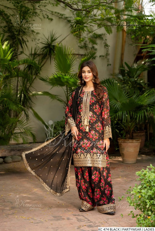 Silk long kaftan black - Pakistani women's luxury formal wear with silk dupatta front view