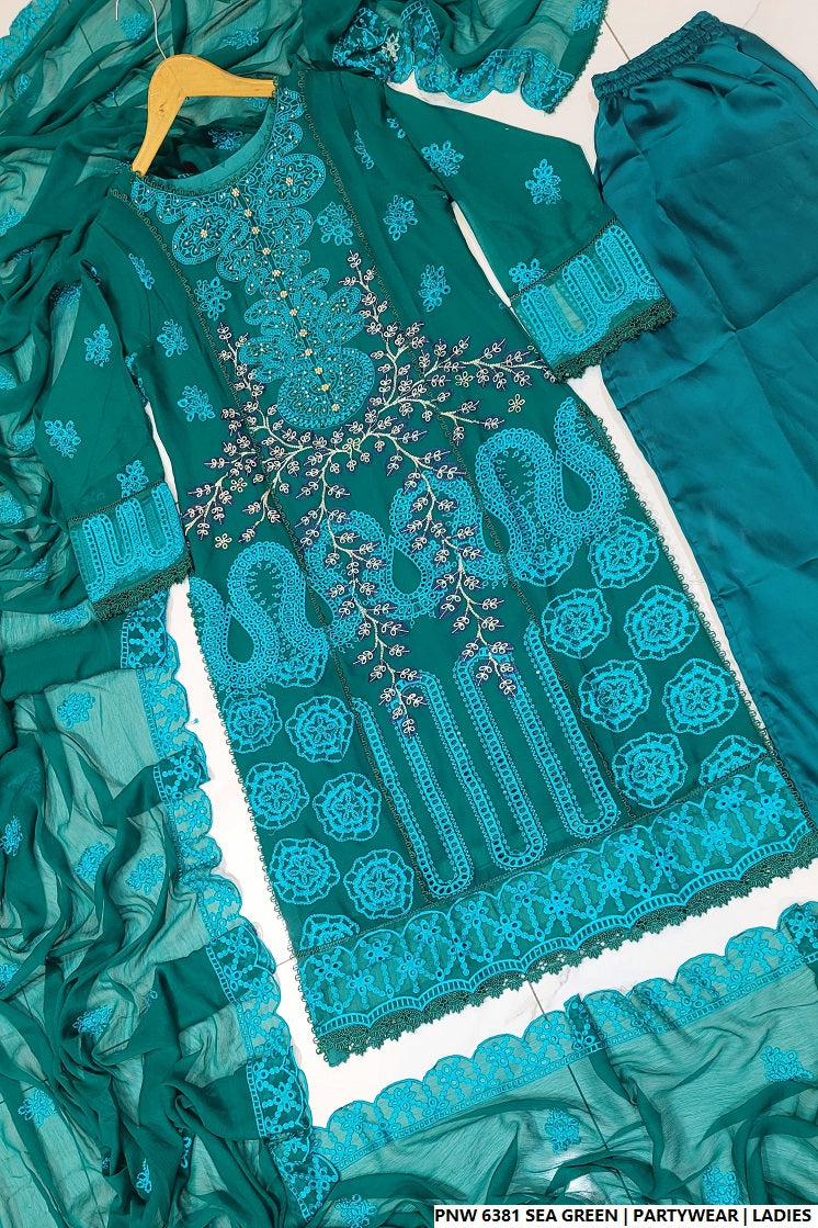 Pakistani women's sea green chiffon straight shirt plazo back view