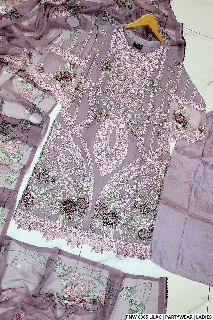 Pakistani women's lilac chiffon straight shirt plazo back view