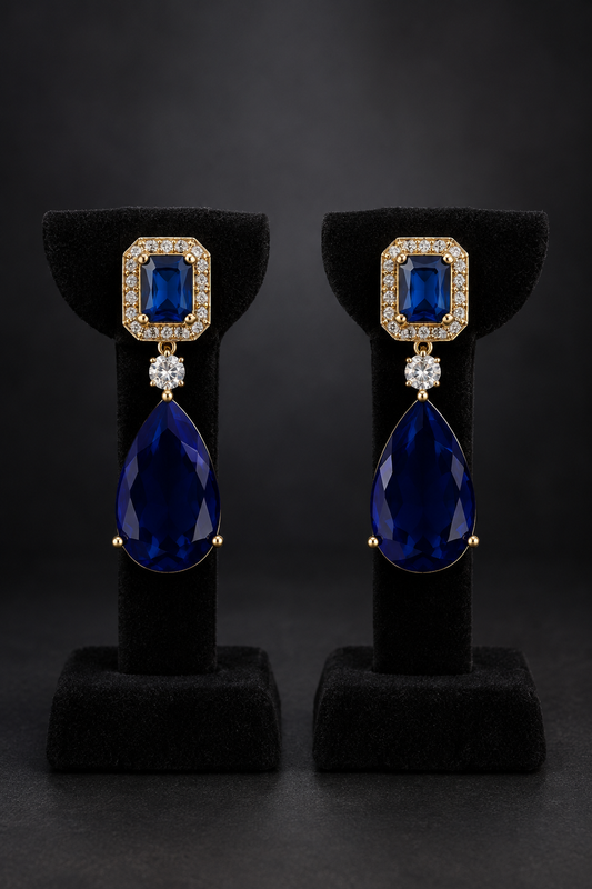 JW43 – Navy Blue & Gold-Tone Statement Drop Earrings
