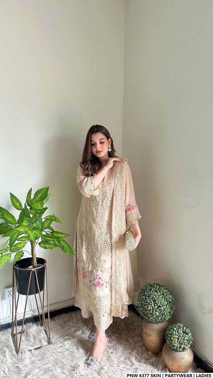Chiffon straight shirt plazo skin - Pakistani women's party wear with viscose plazo and chiffon dupatta front view