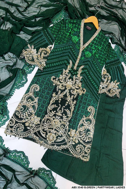 Pakistani women's bottle green organza straight shirt back view