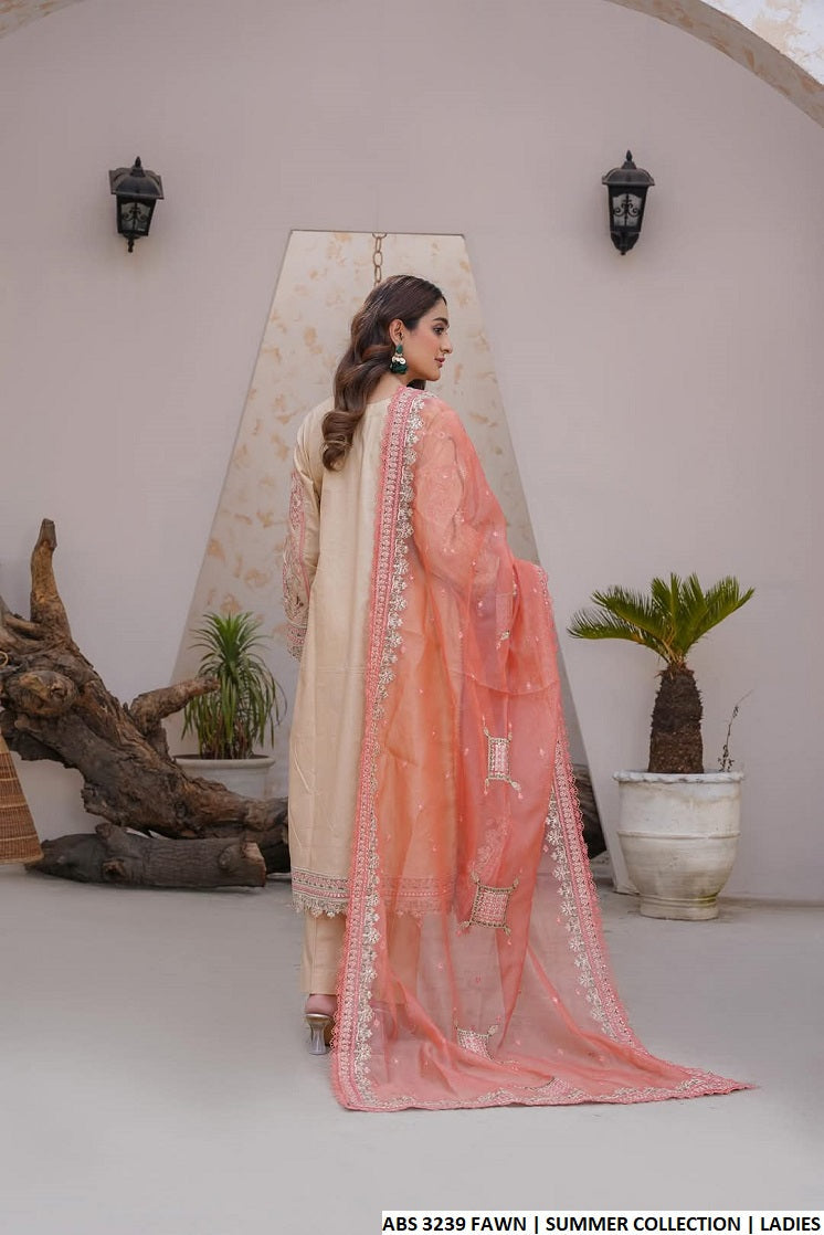 ABS 3239 Pakistani women's cotton everyday outfit with khaadi net dupatta detail view