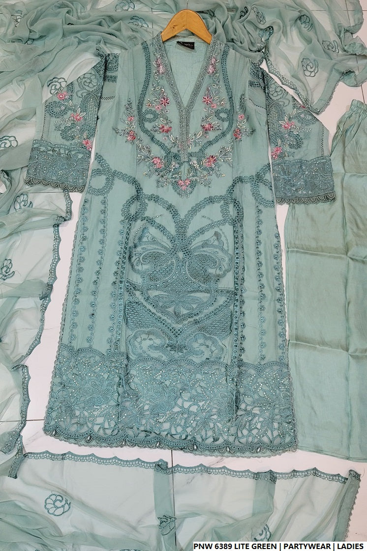 Pakistani women's light green chiffon straight shirt plazo full view