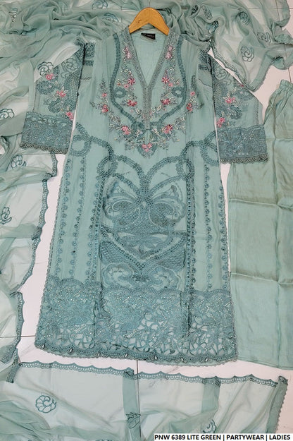 Pakistani women's light green chiffon straight shirt plazo full view