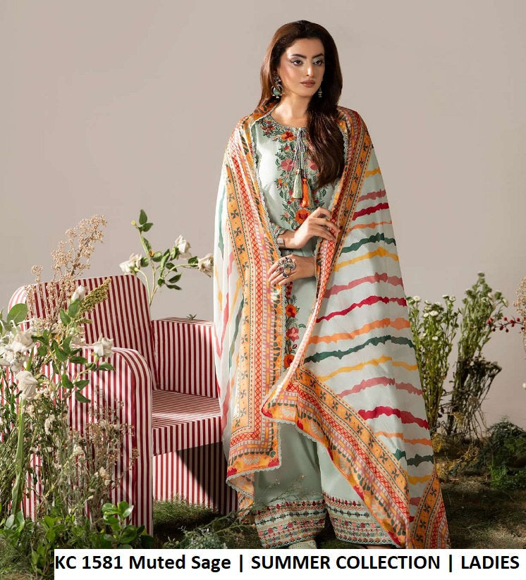 KC AYRA 1581 MUTED SAGE - Muted Sage Embroidered 3-Piece Women's Ready to Wear Suit