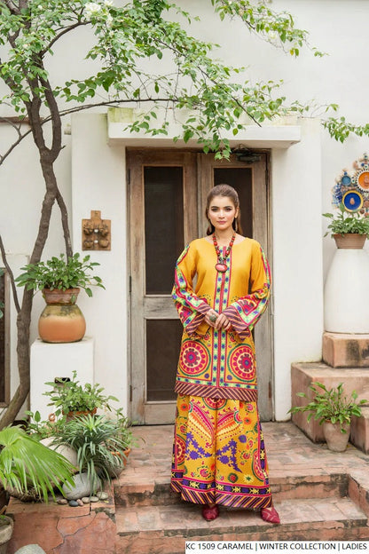 Silk 2-piece caramel - Pakistani women's elegant formal wear with silk trouser and silk dupatta front view