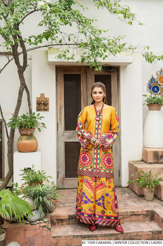 Silk 2-piece caramel - Pakistani women's elegant formal wear with silk trouser and silk dupatta front view