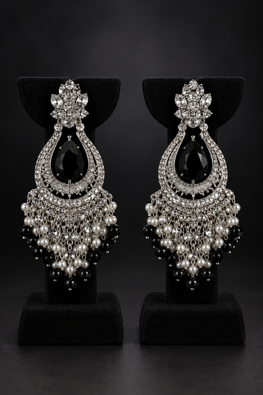 JW50 – Black & Silver-Tone Pearl Fringe Chandelier Earrings