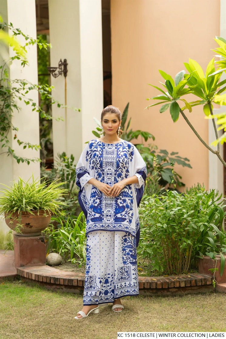 Silk 2-piece celeste blue - Pakistani women's elegant formal wear with silk trouser and silk dupatta front view
