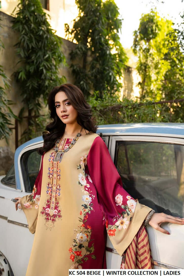 Pakistani women's beige silk long straight shirt plazo back view