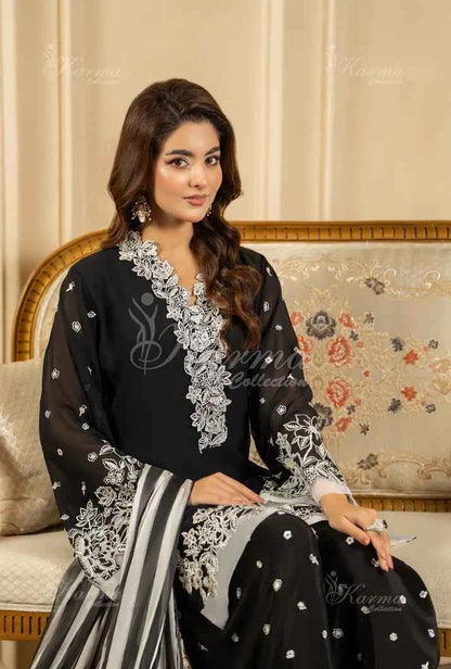 Pakistani women's black silk short shirt farshi shalwar full view