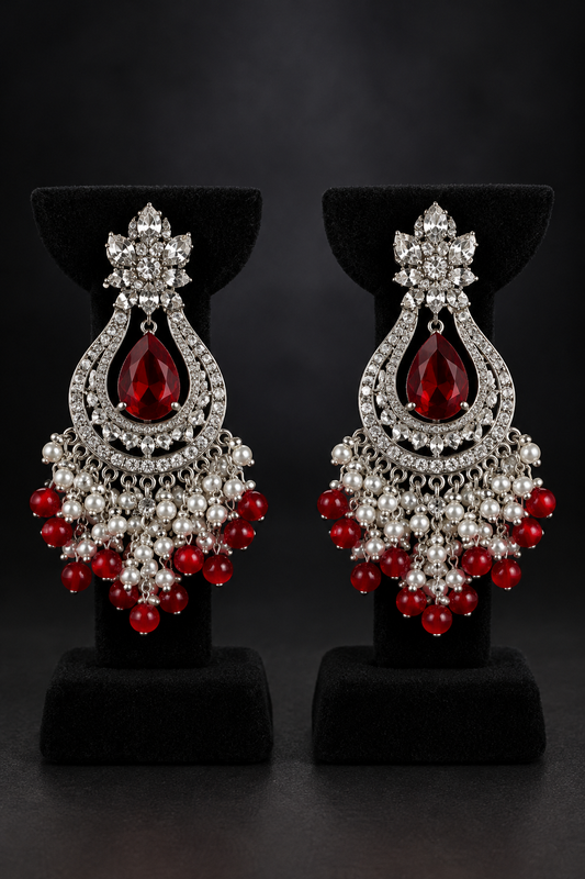 JW50 – Red & Silver-Tone Pearl Fringe Chandelier Earrings