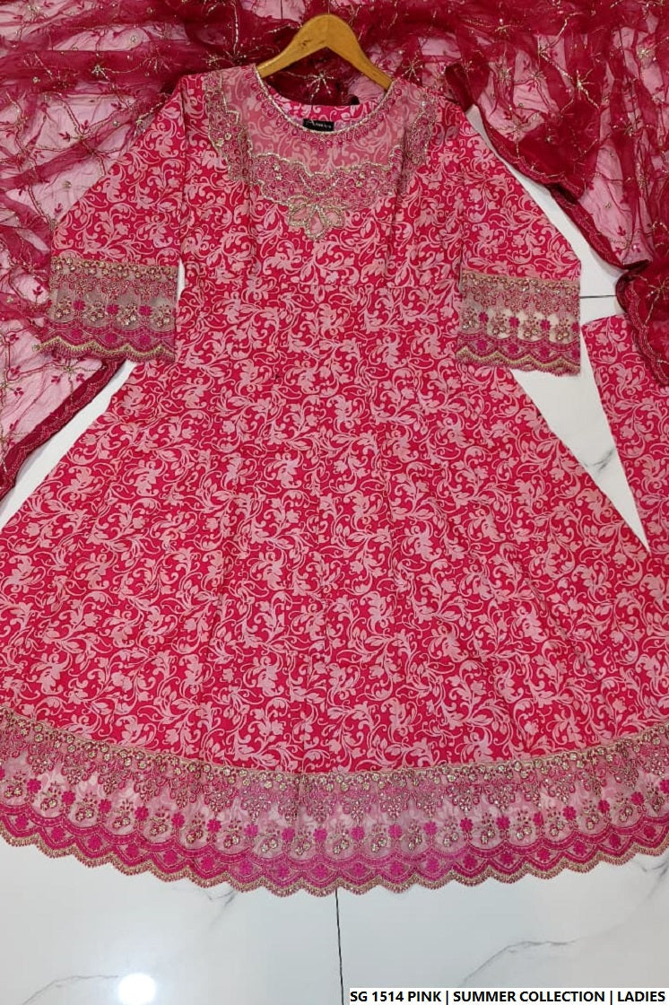 Pakistani women's pink lawn A-Line casual shirt full view