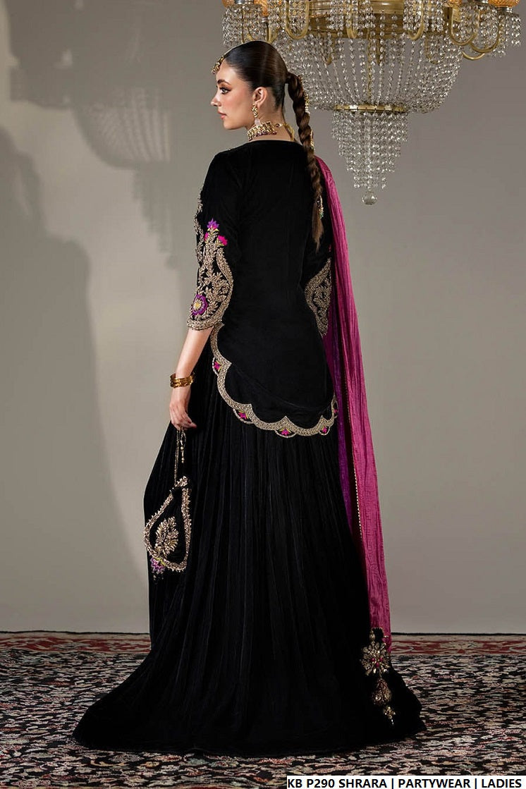 Pakistani women's velvet hand embroidered luxury sharara detail view