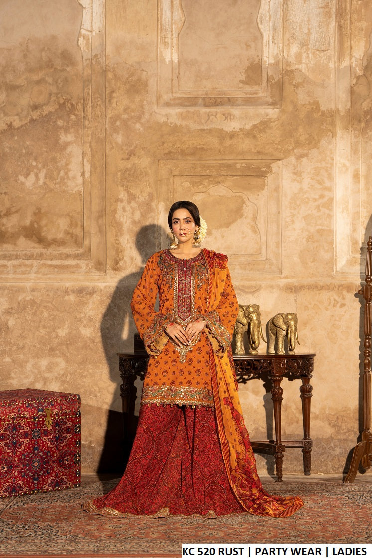 Printed georgette short shirt farshi plazo rust - Pakistani women's sequins embroidered festive outfit with printed dupatta front view