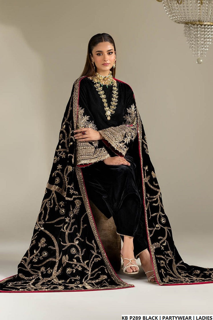 Pakistani women's black velvet hand embroidered luxury suit full view