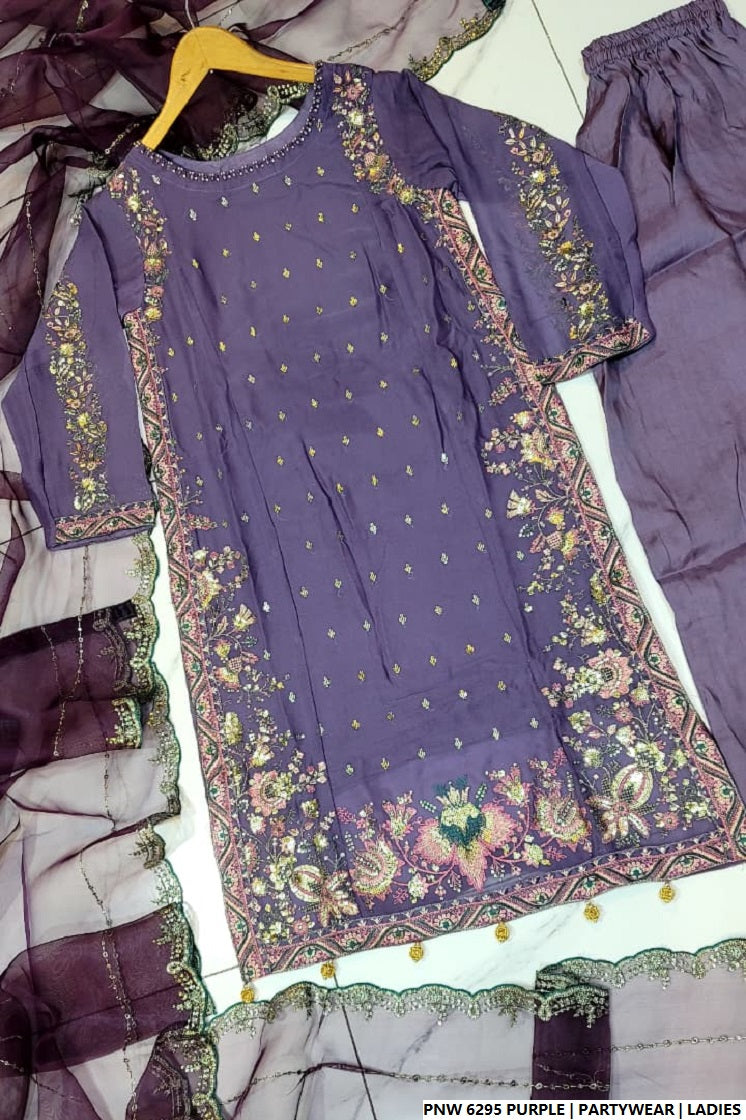 Pakistani women's purple chiffon straight shirt plazo back view